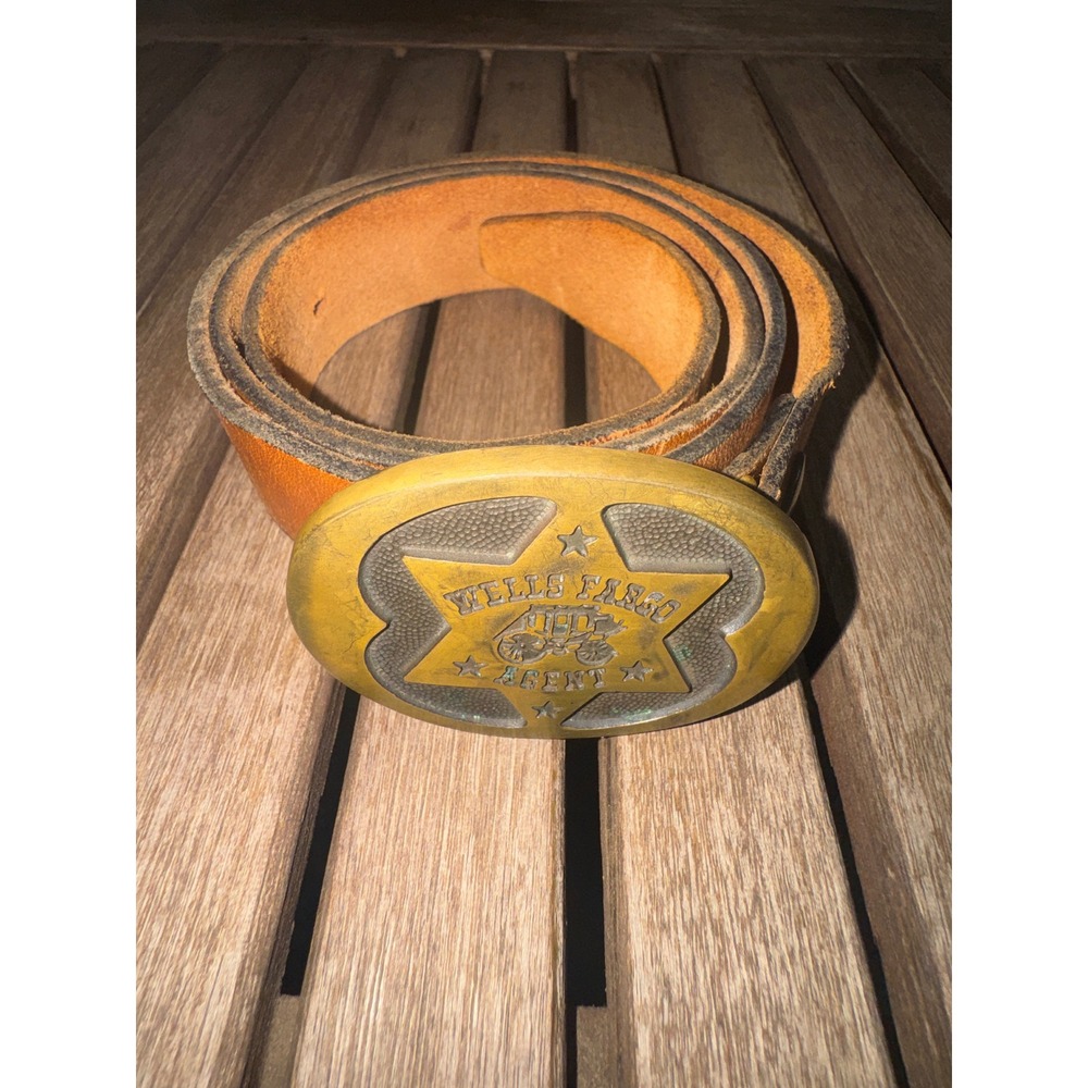 Vintage 1977 Wells Fargo Agent Brass Belt Buckle Leather Belt 32-36 Western